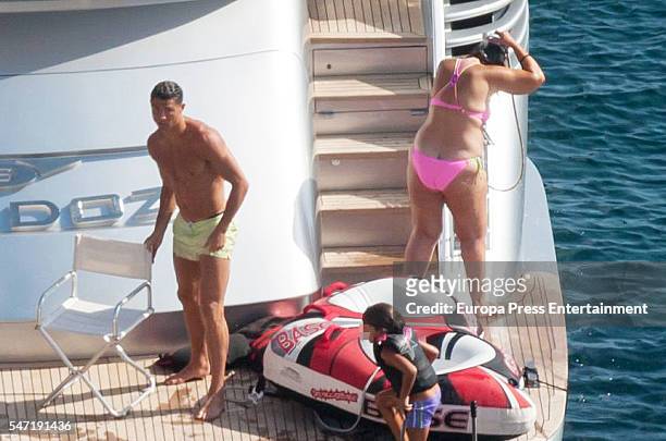 Real Madrid football player Cristiano Ronaldo and his mother Maria Dolores dos Santos Aveiro are seen on July 13, 2016 in Ibiza, Spain.