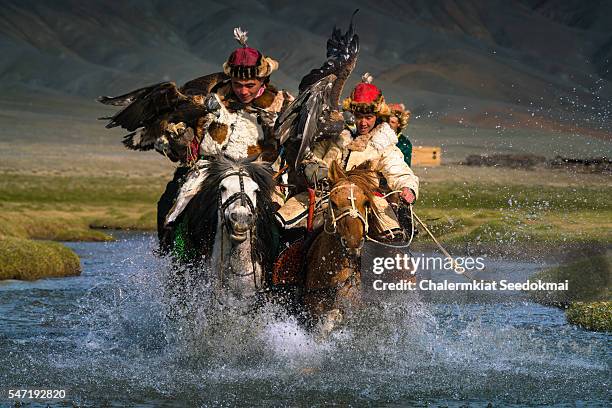 eagle-hunters on the horses in mongolia - mongoolse etniciteit stockfoto's en -beelden