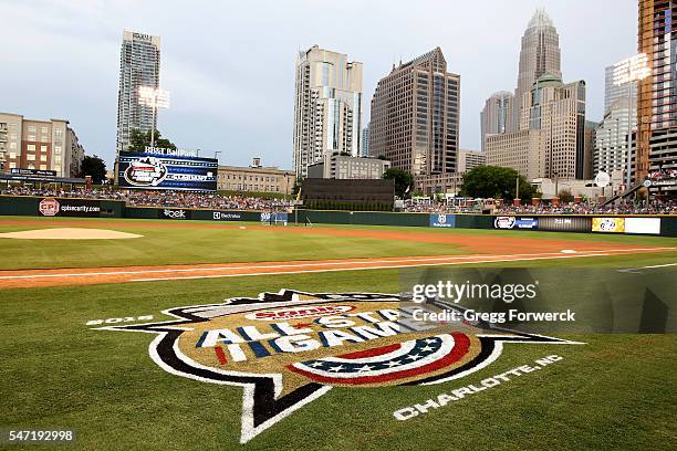 The All Star Game logo is photographed during the Sonic Automotive AAA Baseball All Star Game Home Run Derby at BB&T Ballpark on July 11, 2016 in...