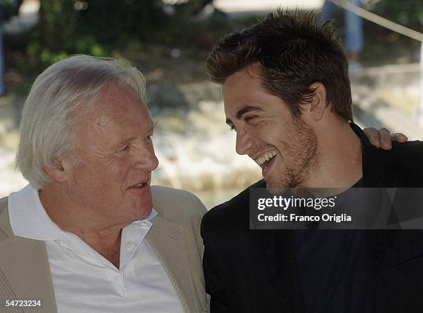 Actors Sir Anthony Hopkins and Jake Gyllenhaal arrive for the press conference and photocall for the film "Proof" on the sixth day of the 62nd Venice...