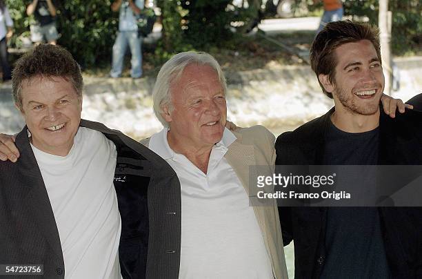 Director John Madden and actors Sir Anthony Hopkins and Jake Gyllenhaal arrive for the press conference and photocall for the film "Proof" on the...