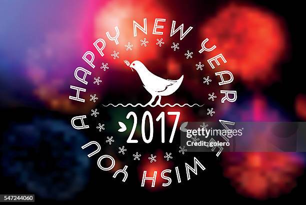bildbanksillustrationer, clip art samt tecknat material och ikoner med happy new year badge with dove on blurred vibrant background - peace dove