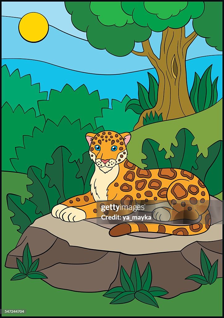 Cartoon Animals For Kids Cute Jaguar Smiles In The Forest High-Res Vector  Graphic - Getty Images