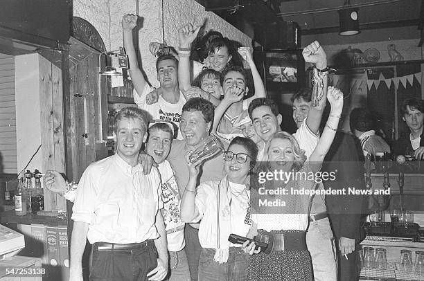 Fans of the Republic of Ireland team watch the match in Mother Redcaps beside Christchurch in Dublin during Italia 90. 22/6/90. .