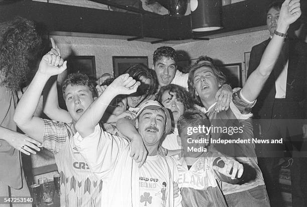 Fans of the Republic of Ireland team watch the match in Mother Redcaps beside Christchurch in Dublin during Italia 90. 22/6/90. .