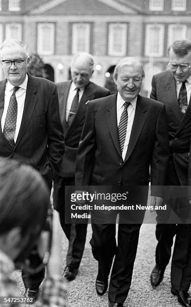 Former Taoiseach Charles Haughey at the Beef Tribunal with from left: Henry Hickey SC, John Corcoran - State Solicitor, BL, Gerard Danaher, BL, . .