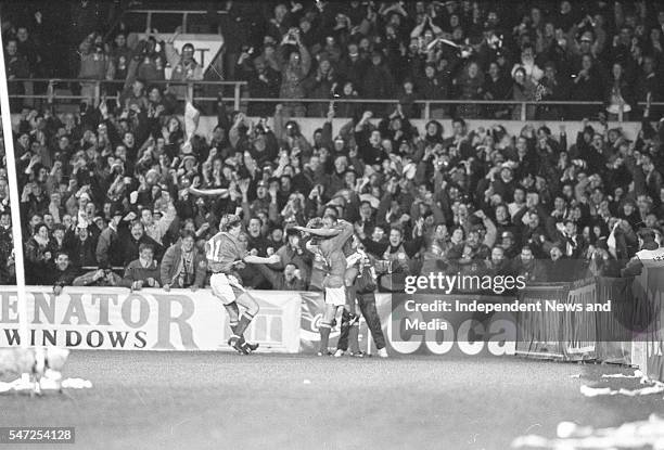 David Kelly being congratulated by Terry Phelan and Steve Staunton after he scored the Irish goal against England at Landsdowne Road. Following the...