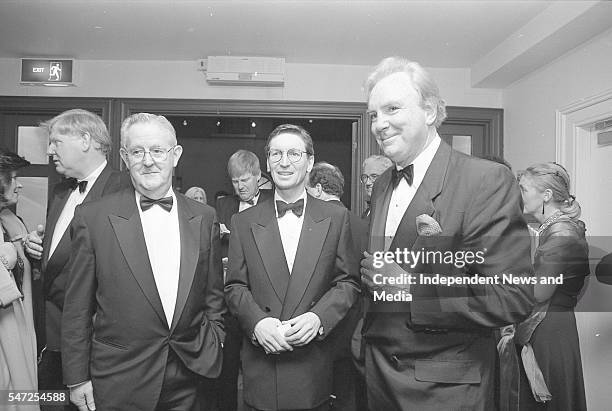 Dr AJF O'Reilly chats with Mr David Montgomery and Mr Liam Healy, Chief Executive of Independent Newspapers, before the start of La Boheme at the...