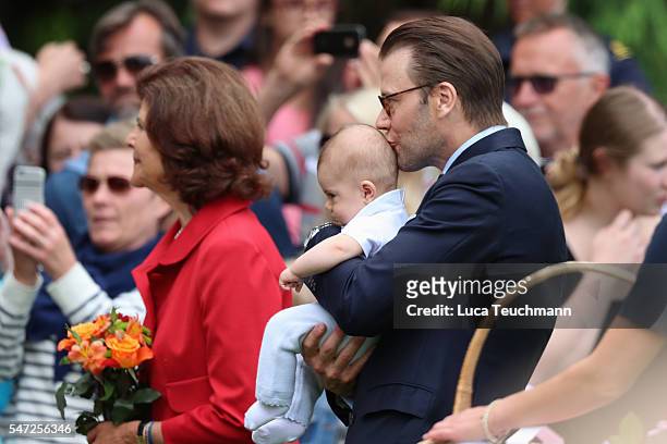 Prince Daniel of Sweden and Prince Oscar of Sweden arrive for Birthday celebrations of Crown Princess Victoria of Sweden at Solliden Palace on July...