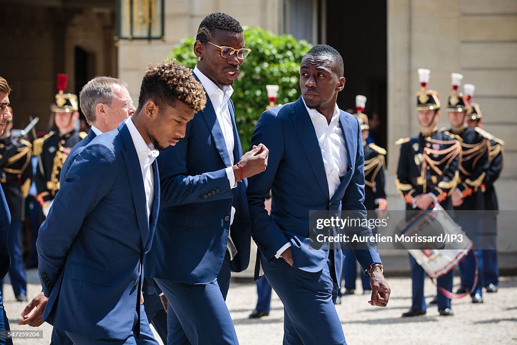 French President Francois Hollande Receives France Soccer Team At Elysee Palace in Paris