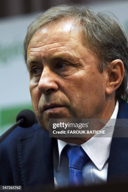 Serbian Milovan Rajevac, the newly appointed Algerian football team coach and former professional player, speaks on July 17, 2016 during a press...