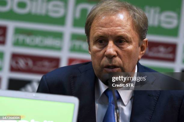 Serbian Milovan Rajevac, the newly appointed Algerian football team coach and former professional player, speaks on July 14, 2016 during a press...