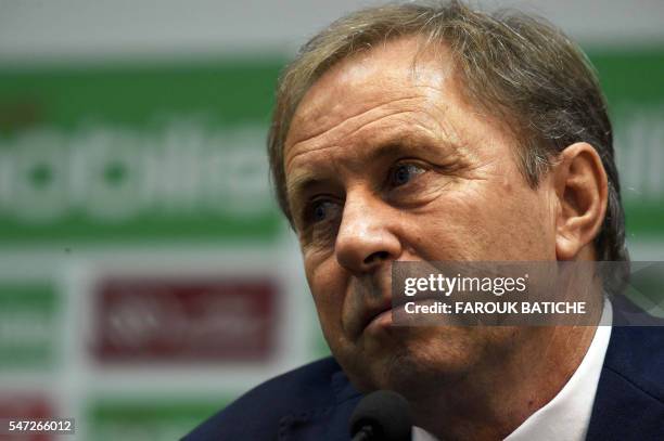 Serbian Milovan Rajevac, the newly appointed Algerian football team coach and former professional player, speaks on July 14, 2016 during a press...