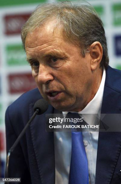 Serbian Milovan Rajevac, the newly appointed Algerian football team coach and former professional player, speaks on July 14, 2016 during a press...