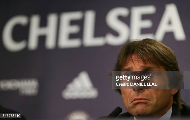 Chelsea's newly appointed Italian manager Antonio Conte speaks during a press conference at the club's Stamford Bridge stadium in London on July 14,...