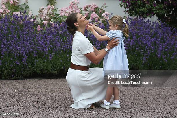 Princess Estelle of Sweden and Crown Princess Victoria of Sweden pose during the Birthday celebrations of Crown Princess Victoria of Sweden at...