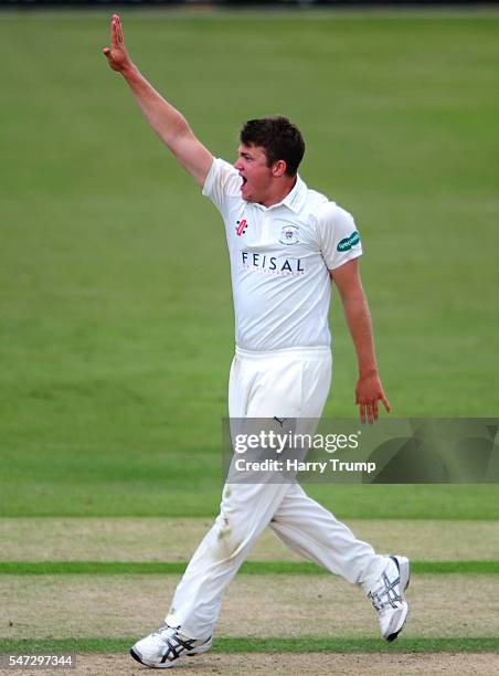 Josh Shaw of Gloucestershire celebrates after dismissing Ryan Ten Doeschate of Essex during Day Two of the Specsavers County Championship Division...