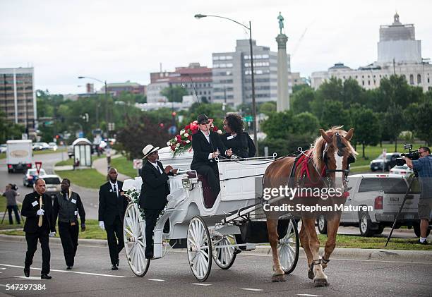 Horse drawn carriage leads a procession carrying the casket of of Philando Castile on July 14, 2016 in St. Paul, Minnesota. Castile was shot and...