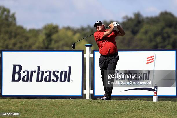 Angel Cabrera of Argentina plays a shot off the eighteenth tee during the first round of the Barbasol Championship at the Robert Trent Jones Golf...