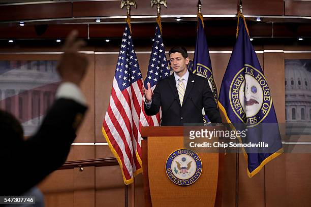 Spaker of the House Paul Ryan takes questions from reporters during his weekly news conference at the U.S. Capitol July 14, 2016 in Washington, DC....