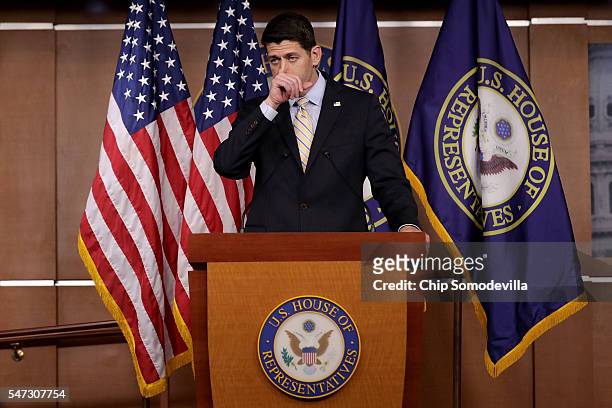 Spaker of the House Paul Ryan takes questions from reporters during his weekly news conference at the U.S. Capitol July 14, 2016 in Washington, DC....