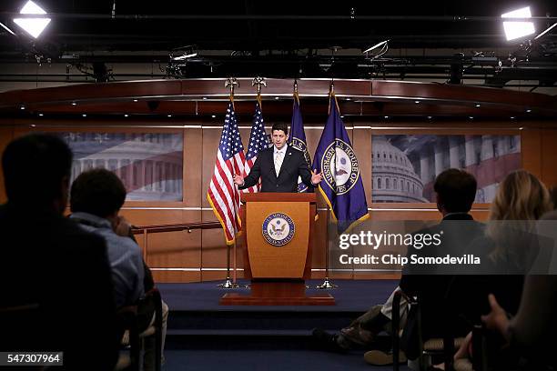 Spaker of the House Paul Ryan takes questions from reporters during his weekly news conference at the U.S. Capitol July 14, 2016 in Washington, DC....