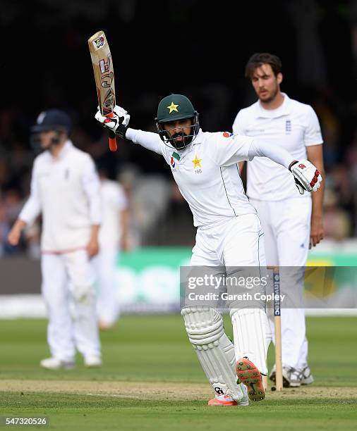 Pakistan captain Misbah-ul-Haq celebrates reaching hius century during the 1st Investec Test between England and Pakistan at Lord's Cricket Ground on...