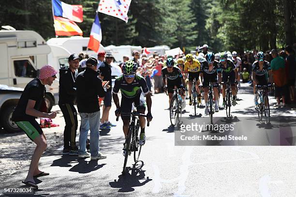 Nairo Quintana of Colombia and Movistar makes a break on the early stages of the climb to Mont Ventoux during the 12th stage of Le Tour de France...