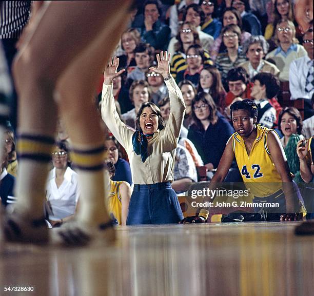 Women's Basketball Final: LSU head coach Jinks Coleman screaming on the sidelines during final vs Delta State University at Williams Arena....