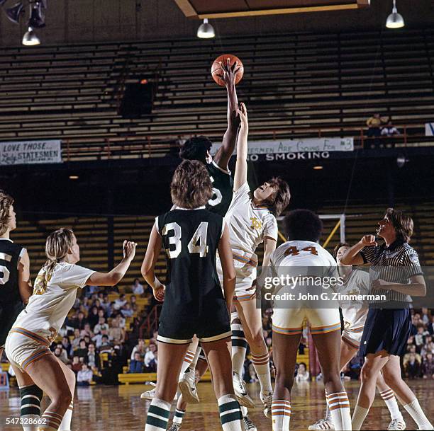 Semifinal: Delta State Lusia Harris in action, jump ball during tip-off vs Tennessee at Williams Arena. Minneapolis, MN 3/25/1977 CREDIT: John G....