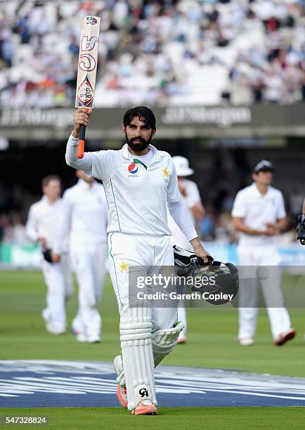 Pakistan captain Misbah-ul-Haq salutes the crowd as he leaves the field at stumps on day one of the 1st Investec Test between England and Pakistan at...