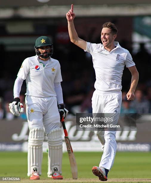 Chris Woakes of England celebrates taking the wicket of Rahat Ali of Pakistan during day one of the 1st Investec Test match between England and...