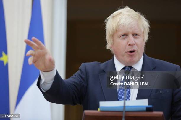 British Foreign Secretary Boris Johnson speaks during a reception at the French Ambassador's residence in west London on July 14, 2016. - Britain's...
