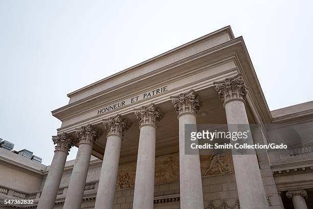 Inscription reading Honneur et Patrie on the facade of the Legion of Honor art museum in the Lands End neighborhood of San Francisco, California,...