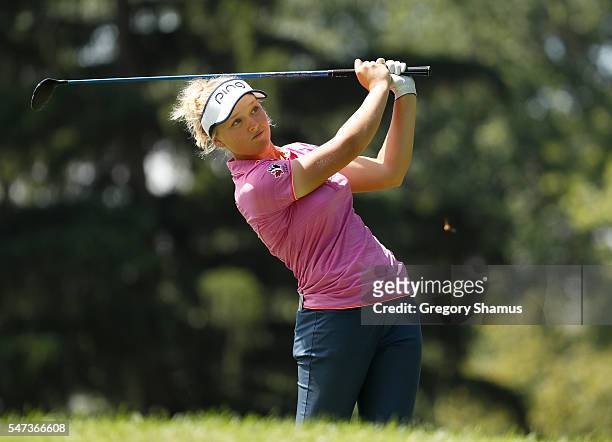 Brooke Henderson of Canada watches her drive on the seventh hole during the first round of the Marathon Classic presented by Owens Corning and O-I at...