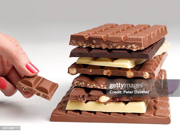 hand with a stack of chocolate bars - vollmilchschokolade stock-fotos und bilder