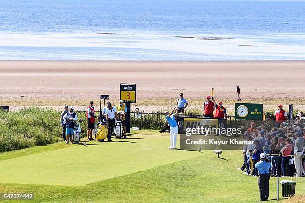 Martin Kaymer of Germany tees off on the third hole during the first round on day one of the 145th Open Championship at Royal Troon on July 14, 2016...