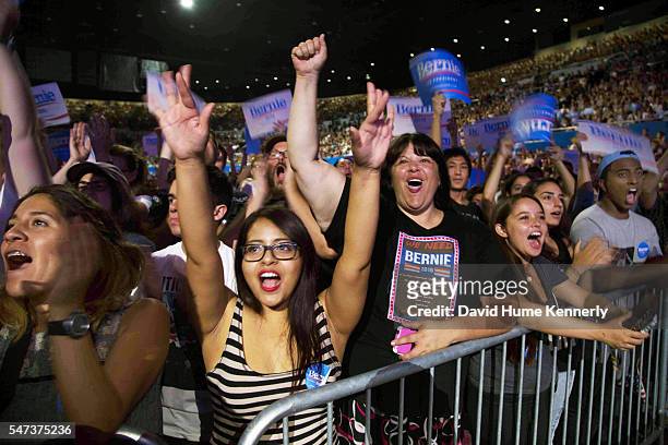 Supporters cheer democratic presidential candidate Sen. Bernie Sanders at a rally at the Los Angeles Memorial Sports Arena, August 10, 2015. His...