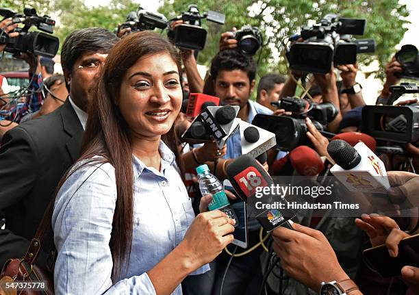 Leader Alka Lamba talking to media after meeting with Election Commissioner at Election Commission office on July 14, 2016 in New Delhi, India.