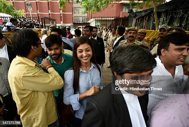 Leader Alka Lamba talking to media after meeting with Election Commissioner at Election Commission office on July 14, 2016 in New Delhi, India.