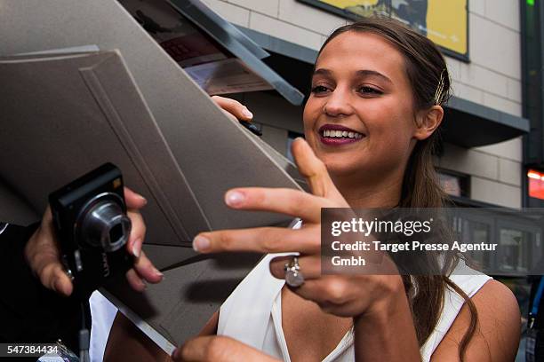 Alicia Vikander is seen on her way to a press screening of the Movie 'Jason Bourne' on July 14, 2016 in Berlin, Germany.