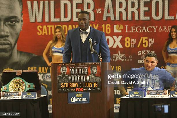 World Heavyweight Champion Deontay Wilder speaks during a press conference at the Birmingham-Jefferson Civic Center on July 14, 2016 in Birmingham,...