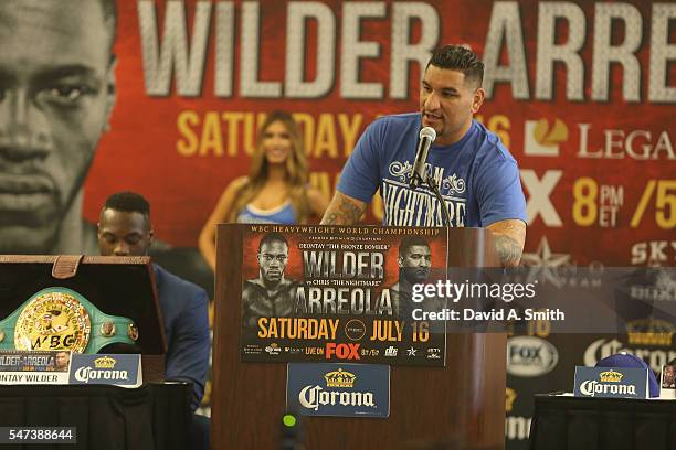 Chris Arreola speaks during a press conference at the Birmingham-Jefferson Civic Center on July 14, 2016 in Birmingham, Alabama. The press conference...