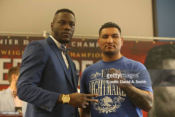 World Heavyweight Champion Deontay Wilder and Chris Arreola pose during a press conference at the Birmingham-Jefferson Civic Center on July 14, 2016...