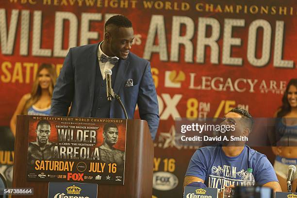 World Heavyweight Champion Deontay Wilder speaks during a press conference at the Birmingham-Jefferson Civic Center on July 14, 2016 in Birmingham,...