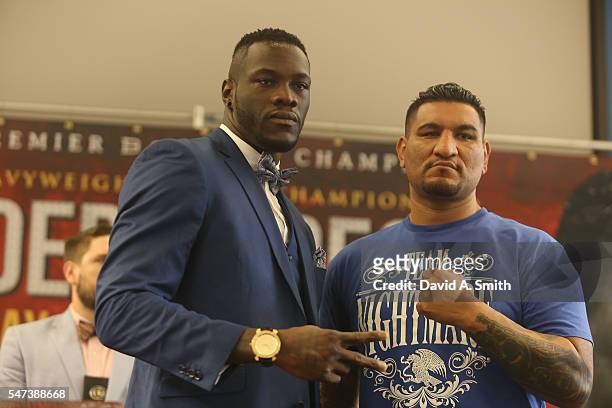 World Heavyweight Champion Deontay Wilder and Chris Arreola pose during a press conference at the Birmingham-Jefferson Civic Center on July 14, 2016...