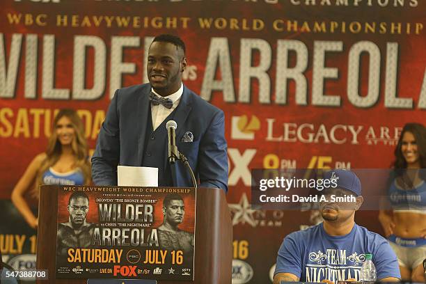 World Heavyweight Champion Deontay Wilder speaks during a press conference at the Birmingham-Jefferson Civic Center on July 14, 2016 in Birmingham,...