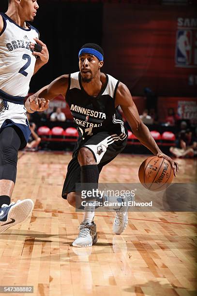 Toure Murry of the Minnesota Timberwolves handles the ball against the Memphis Grizzlies during the 2016 NBA Las Vegas Summer League game on July 14,...