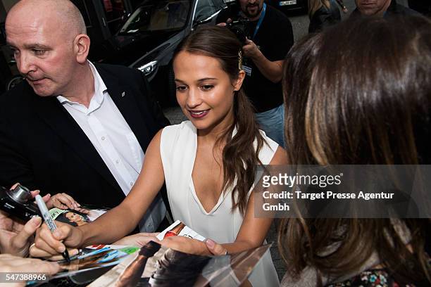 Alicia Vikander is seen on her way to a press screening of the Movie 'Jason Bourne' on July 14, 2016 in Berlin, Germany.