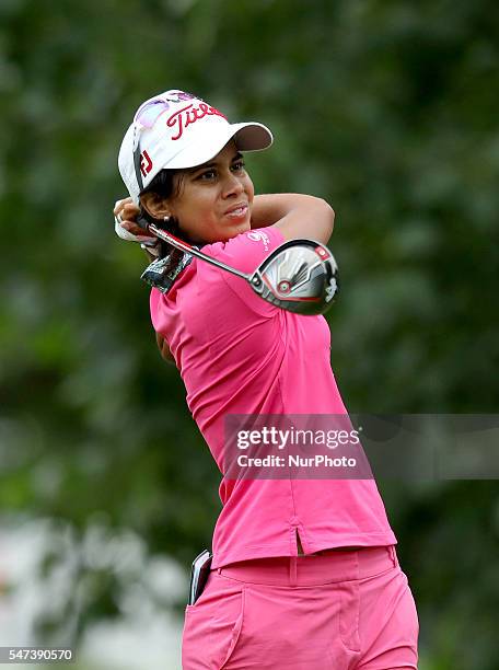 Julieta Granada of Paraguay, follows her tee shot on the third hole during the first round of the Marathon LPGA Classic golf tournament at Highland...